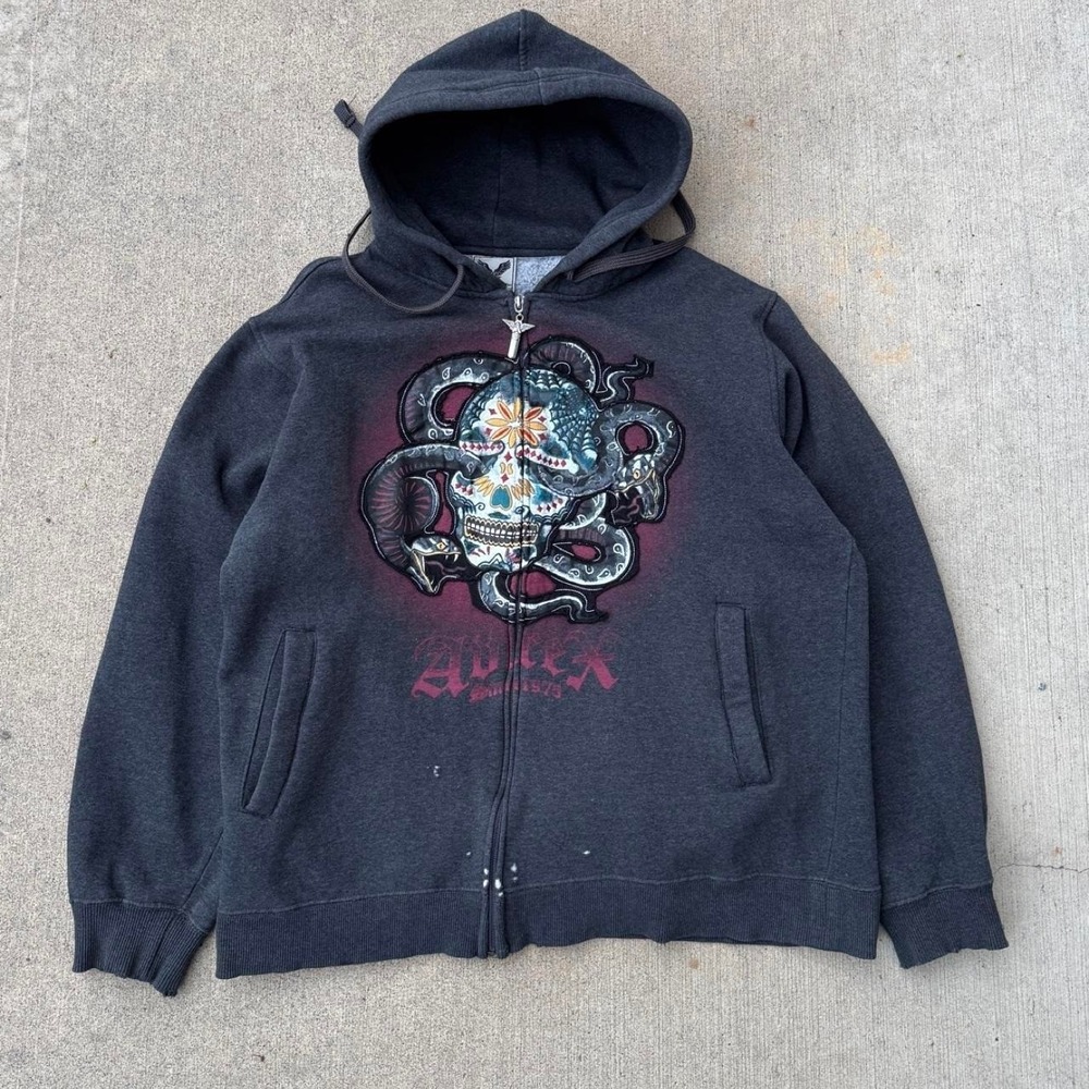 GREY AVIREX Y2K "SUGAR SKULL" ZIP UP HOODIE